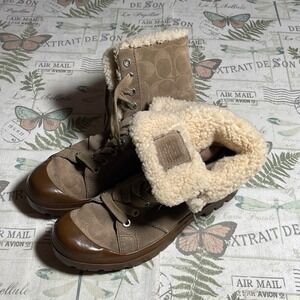 Coach Taupe Suede and Cream Shearling Lace-Up Winter Boots